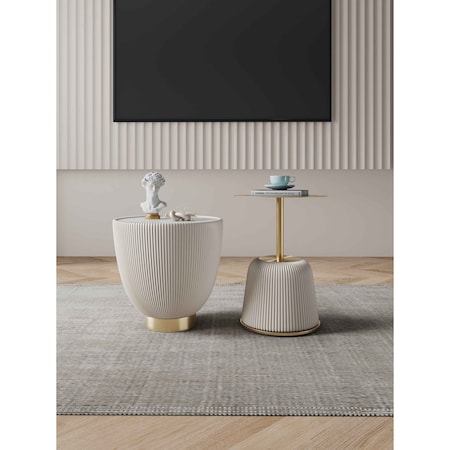 Manhattan Comfort Round End Table 1.0 and End Table 2.0 Set of 2, 18.43 in L, Stainless Steel, Cream 2-AT03-CR